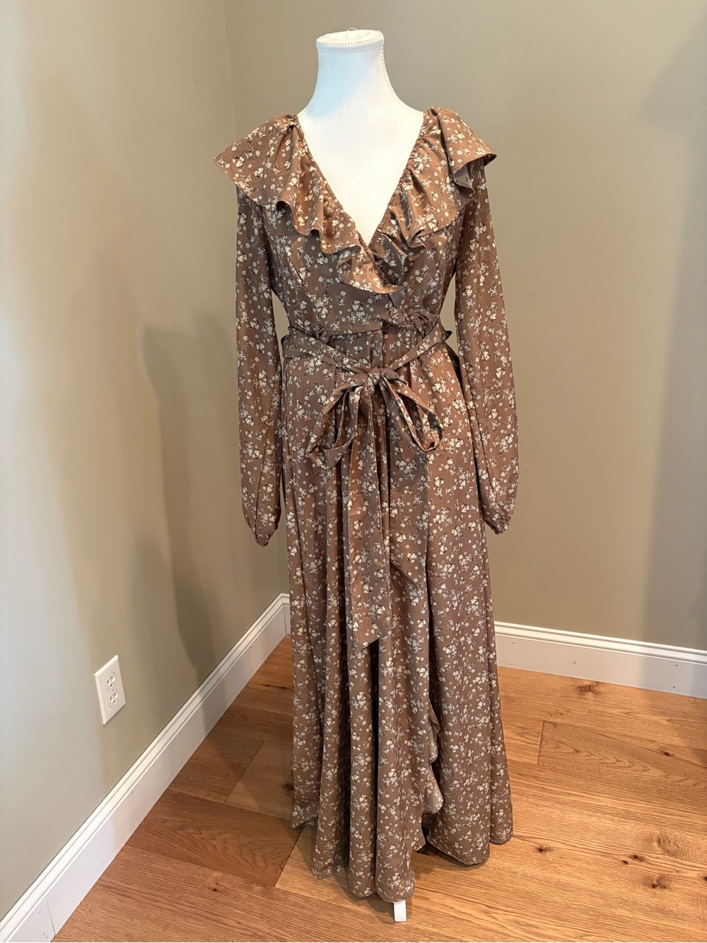 In Bloom Brown Floral Ruffle Wrap Maxi Dress Small Polyester Lined